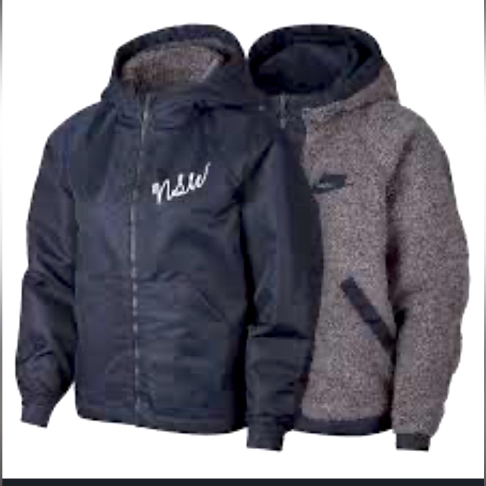 NIKE Full Zip Jacket Navy Blue Gray Reversible Hooded Sherpa Fleece Athleisure